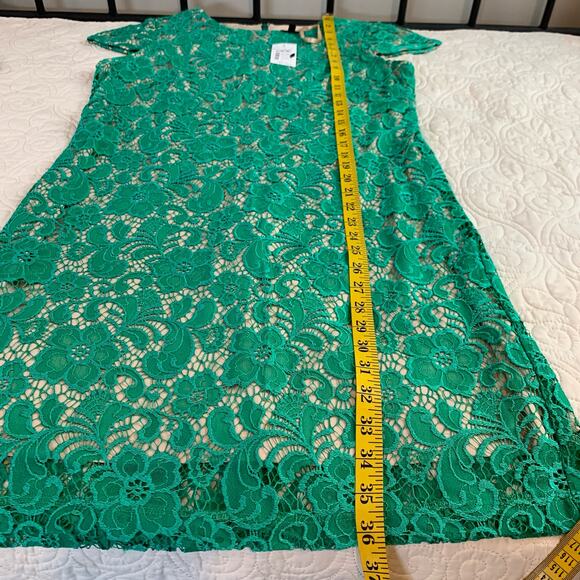 Saks Fifth Ave Black Label midi dress cap sleeve green lace beige lining size 12 - Picture 8 of 8